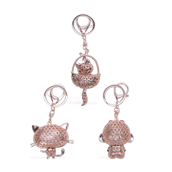 Set of 3 - White, Pink and Multi Colour Austrian Crystal Studded Enameled Key Chain in Rose Gold Tone