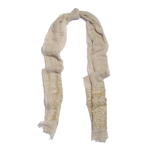 Close Out Deal Designer Inspired - Merino Wool and Mulberry Silk Shawl With Hand Done Sequin embellishment and Fringes - Beige (Size 200X70 Cm)
