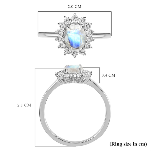 Rainbow Moonstone and Natural Cambodian Zircon Ring in Platinum Overlay Sterling Silver 1.18 Ct.