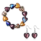 2 Piece Set - Multi Colour Murano Style Glass and Simulated Black Spinel Stretchable Heart Bracelet 