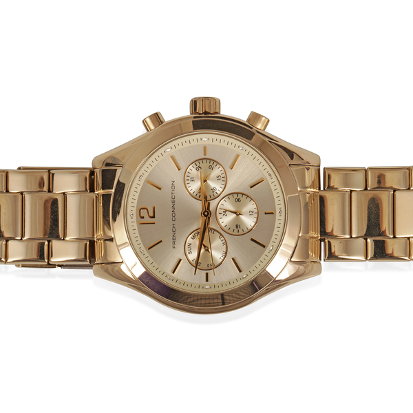 FRENCH CONNECTION Three Eyes Chronograph Ladies Mayfair Bracelet Watch in Gold Tone Strap and Stainless Steel