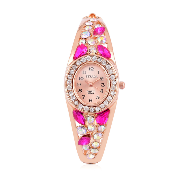 Designer Inspired - STRADA Japanese Movement Sunshine Dial Bangle Watch in Rose Gold Tone with White