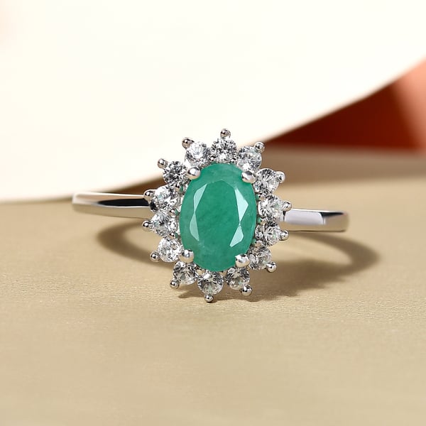 Socoto Emerald and Natural Cambodian Zircon Ring in Platinum Overlay Sterling Silver 1.07 Ct.