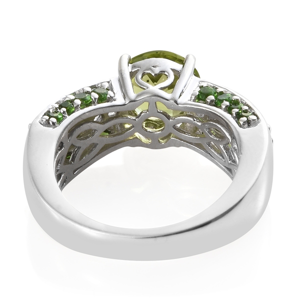 Hebei Peridot (Rnd 1.90 Ct), Natural Cambodian Zircon, Chrome Diopside Ring in Platinum Overlay Sterling Silver 3.250 Ct, Silver wt 5.97 Gms.