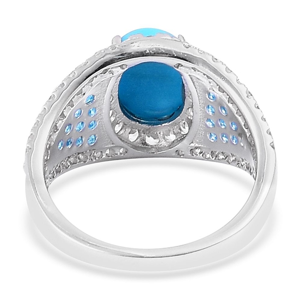 Designer Inspired - Arizona Sleeping Beauty Turquoise (Ovl 2.00 Ct), Malgache Neon Apatite and Natural White Cambodian Zircon Ring in Rhodium Plated Sterling Silver 4.500 Ct. Number of Gemstone 113