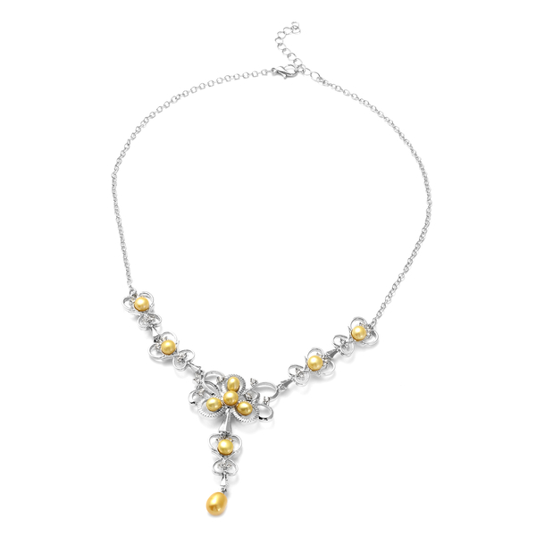 Golden Freshwater Pearl and White Austrian Crystal Necklace (Size 20) in Silver Tone