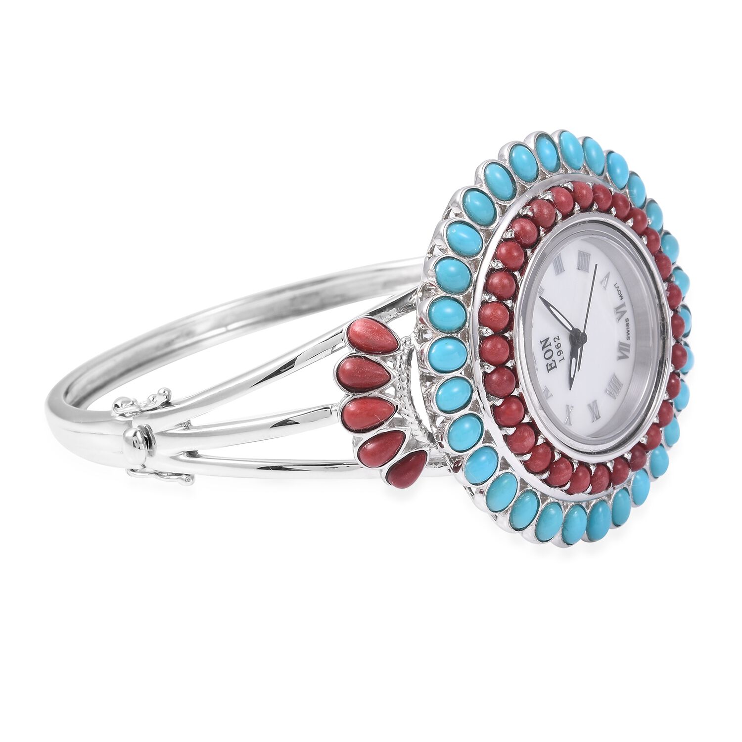 TJC Special-EON 1962 Swiss Movement Coral and Sleeping Beauty Turquoise Bangle Watch (Size 7.5) in Sterling Silver (Silver wt 29.45 Gms) 11.080 Ct.