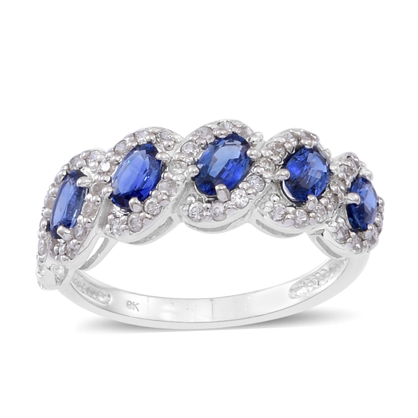 9K W Gold Rare AAA Ceylon Blue Sapphire (Ovl), Natural Cambodian White Zircon Ring 2.000 Ct.