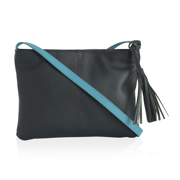 Genuine Leather Turquoise and Black Colour Sling Bag with Tassels (Size 26x19 Cm)