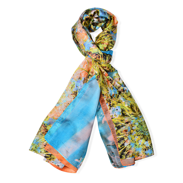 100% Mulberry Silk Orange and Multi Colour Leaves and Floral Pattern Blue Colour Scarf (Size 180x110 Cm)