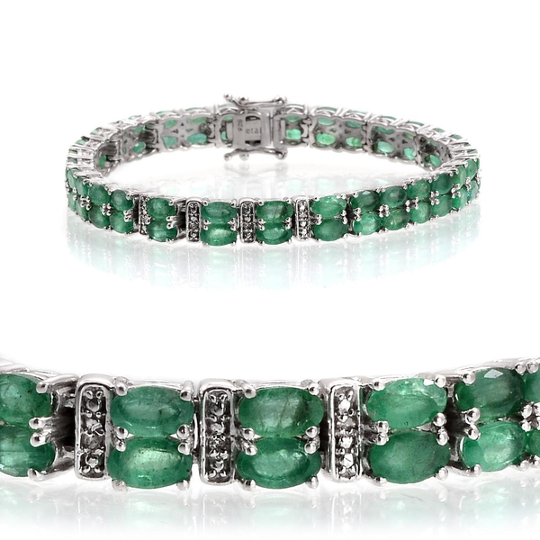 Kagem Zambian Emerald (Ovl), Diamond Bracelet in Platinum Overlay Sterling Silver (Size 7) 14.020 Ct