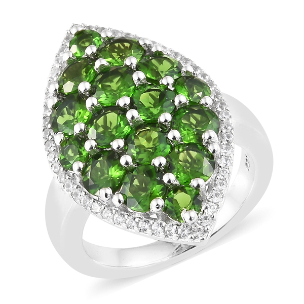 Diopside and Natural Cambodian Zircon Ring in Platinum Plated Sterling Silver 4.25 Ct