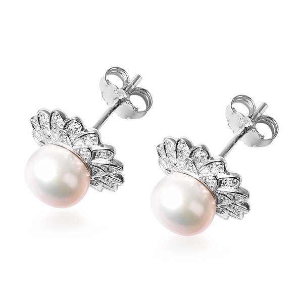 Freshwater Pearl and Simulated Diamond Sunflower Earrings (with Push Back) in Rhodium Overlay Sterling Silver