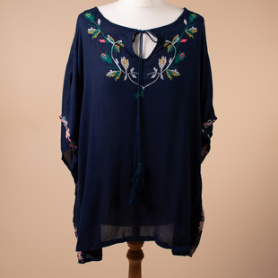 Multi Colour Floral Top with Embroidered Trim and Tassel Tie in Navy (Size up to 20)