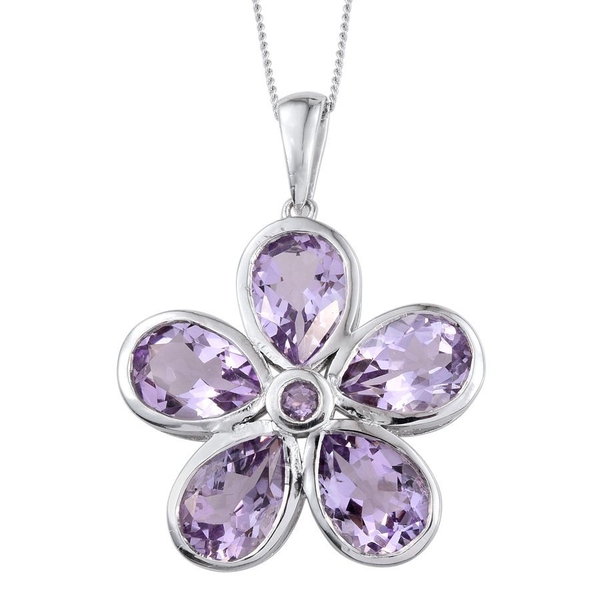 Rose De France Amethyst (Pear) 5 Stone Floral Pendant With Chain in Platinum Overlay Sterling Silver