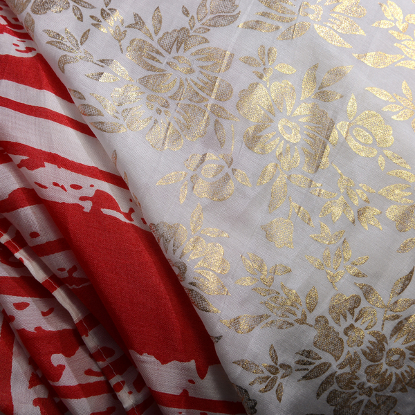 85% Cotton 15% Silk Red, Gold and White Colour Flower Pattern Scarf with Tassels (Free Size)