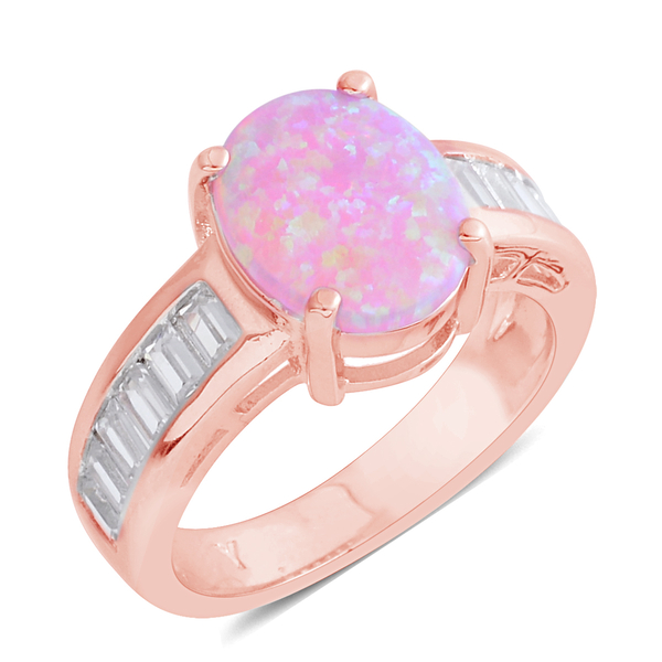 Simulated Pink Opal (Ovl), Simulated Diamond Ring in Rose Gold Bond