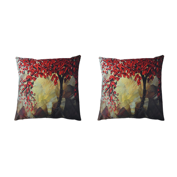 Set of 2 - Floral Tree Pattern Cushion Covers (Size 45 Cm) - Plum Red