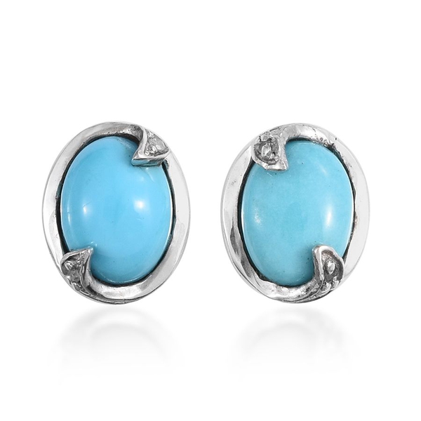 Arizona Sleeping Beauty Turquoise (Ovl), Diamond Stud Earrings in Platinum Overlay Sterling Silver 2