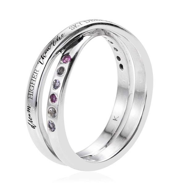 Kimberley Tanzanite (Rnd), Espirito Santo Aquamarine and Pink Sapphire Criss Cross Ring in Platinum Overlay Sterling Silver