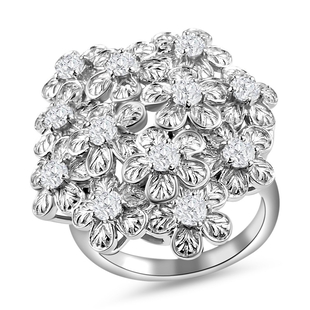 Moissanite Floral Ring in Platinum Overlay Sterling Silver 1.31 Ct, Silver Wt. 7.13 Gms