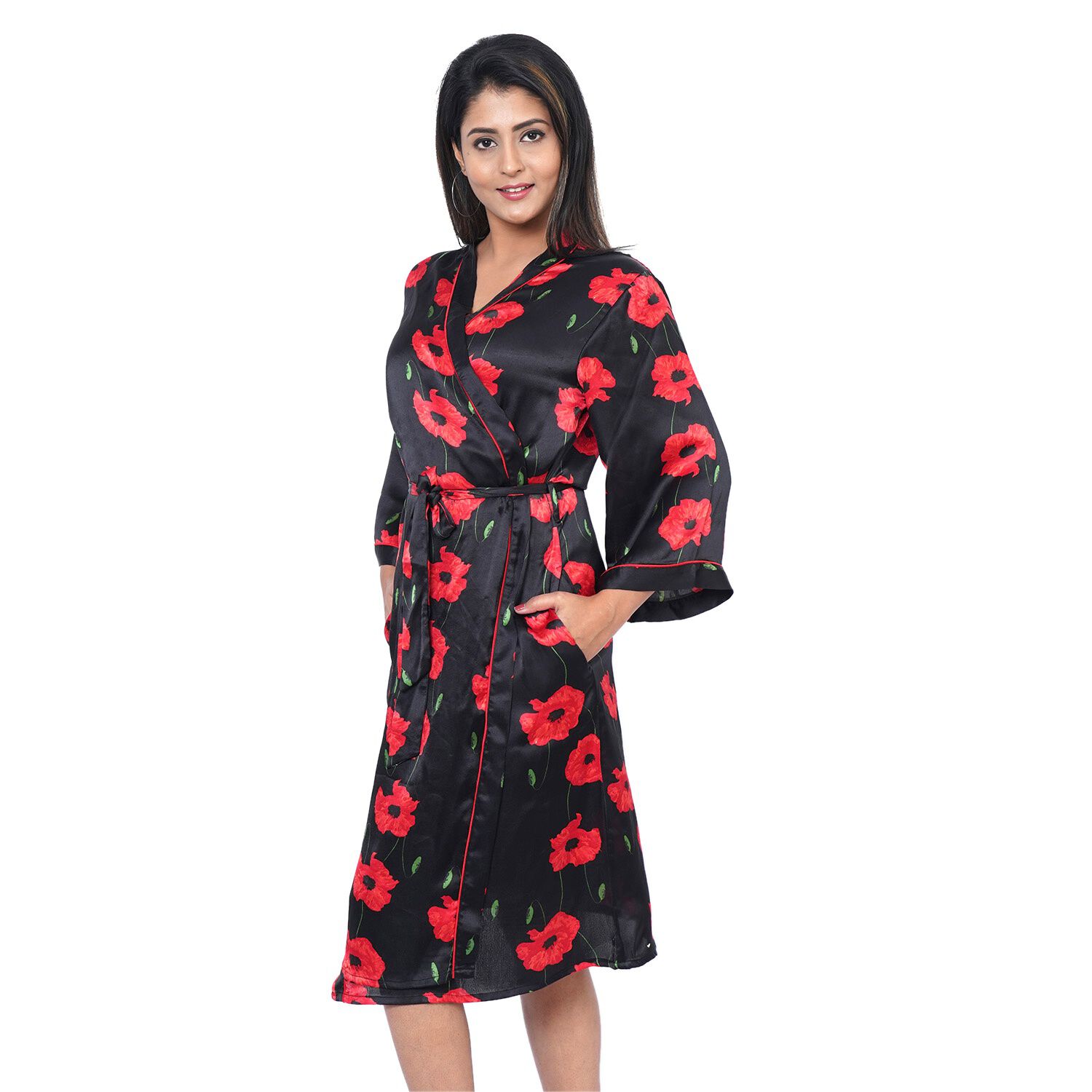 Floral Printed Satin Robe with Bell Sleeve (Size L 16-18 ), Length: 110cm) - Black