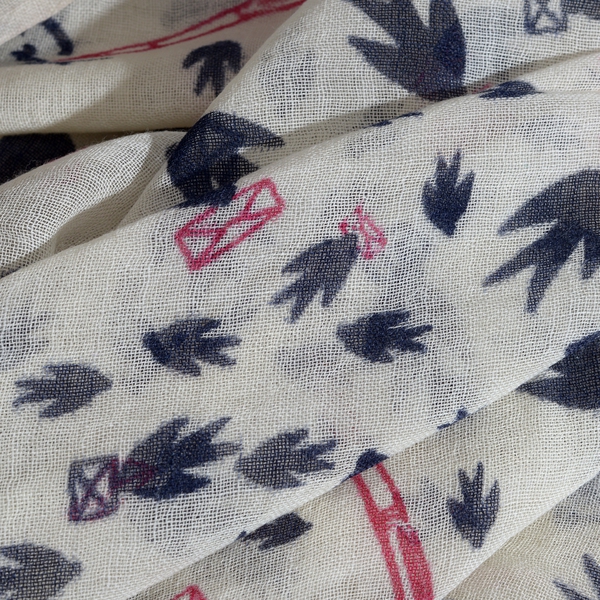 100% Merino Wool Black, White and Red Colour Birds with Envelope Printed Scarf (Size 190X75 Cm)