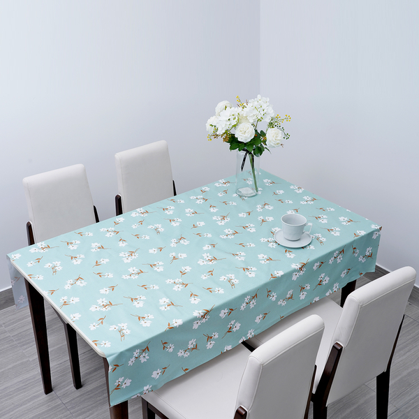 100% Waterproof PVC Table Cloth with Floral Pattern (Size 140x137cm) - Pastel Green & White