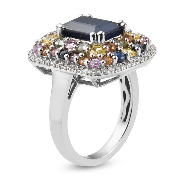 Blue Sapphire and Multi Gemstones Ring in Platinum Overlay Sterling Silver 5.32 Ct.