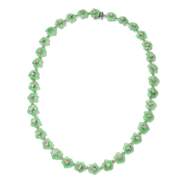Carved Green Jade and Multi Sapphire Floral Necklace (Size 18) in Rhodium Overlay Sterling Silver 11