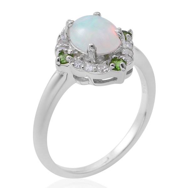 Ethiopian Welo Opal (Ovl 9x7mm 1.42 Ct), Chrome Diopside and Natural White Cambodian Zircon Ring in Rhodium Plated Sterling Silver 2.250 Ct.
