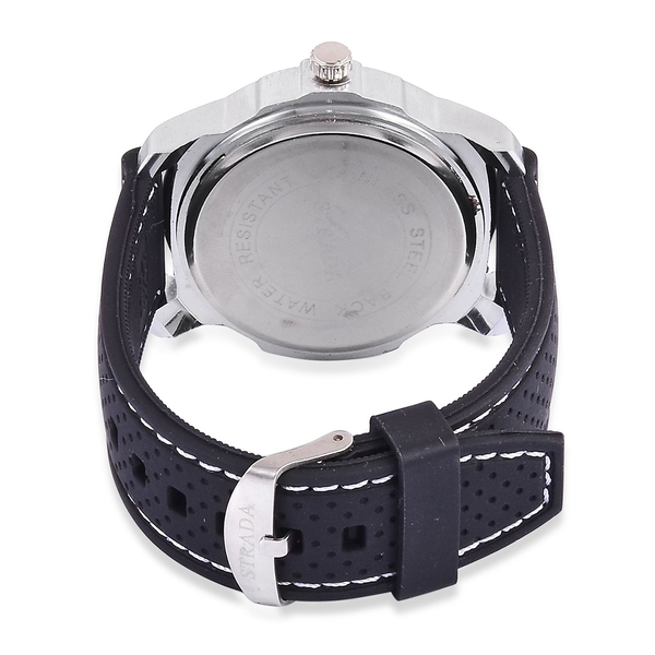 STRADA Japanese Movement Black and White Dial Water Resistant Watch in Silver Tone with Stainless Back and Black Silicone Strap