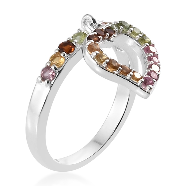 One Time Deal-Rainbow Tourmaline (Rnd) Heart Charm Ring in Sterling Silver