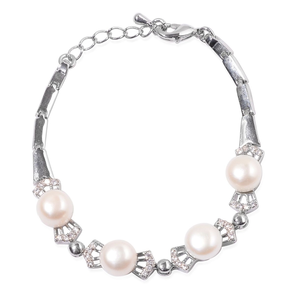 Fresh Water White Pearl and Simulated White Diamond Bracelet (Size 7.5 with Extender) in Silver Tone
