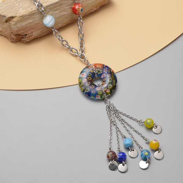 Multi Color Murano Glass Necklace (Size - 20 With 4 Inch Extender) in Stainless Steel