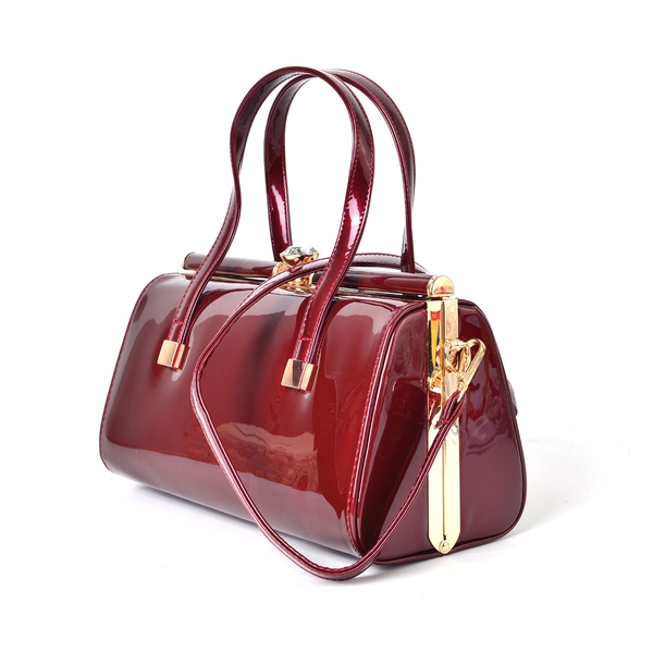 Winter Burgundy Patent Tote Bag with Simulated Diamond Embellished Clasp and Adjustable Shoulder Strap (Size 28X19X15 Cm)