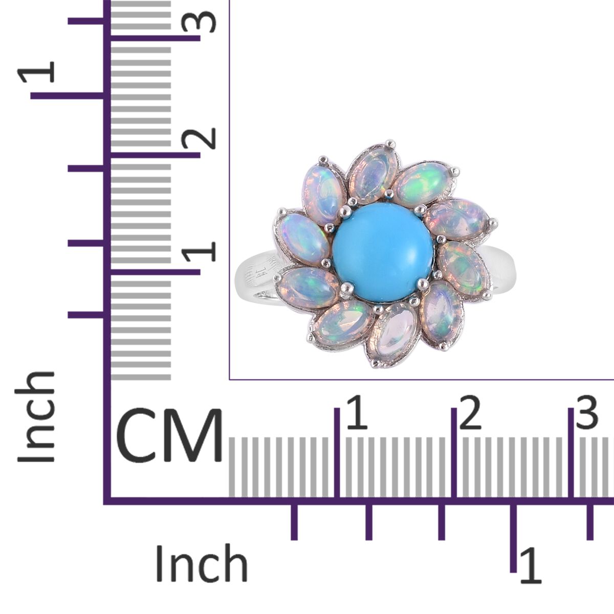 Arizona Sleeping Beauty Turquoise (Rnd 1.50 Ct), Ethiopian Welo Opal Flower Ring in Rhodium Plated Sterling Silver 3.250 Ct. Silver wt 5.40 Gms.