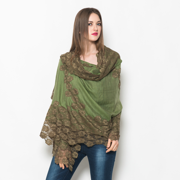 Hand Knitted - (50% Mulberry Silk and 50% Merino Wool) Olive Green Colour Scarf with Dark Green Flor