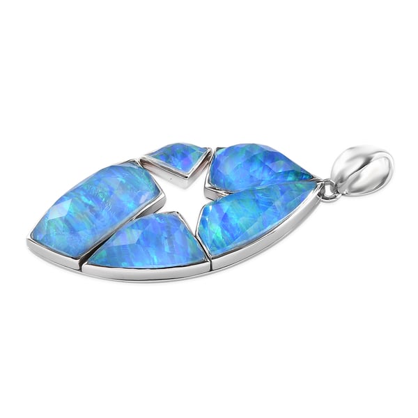 Sajen Silver CELESTIAL COLLECTION- Quartz Doublet Simulated Opal Blue  Pendant in Rhodium Overlay Sterling Silver 14.24 Ct