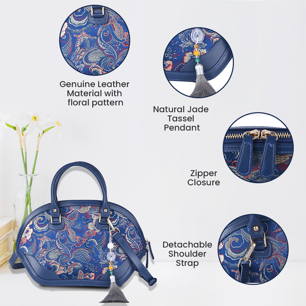 Silk & Leather Brocade Floral Pattern Bag with Handle Drop and Adjustable Strap (Size 35x23x13cm) - Blue