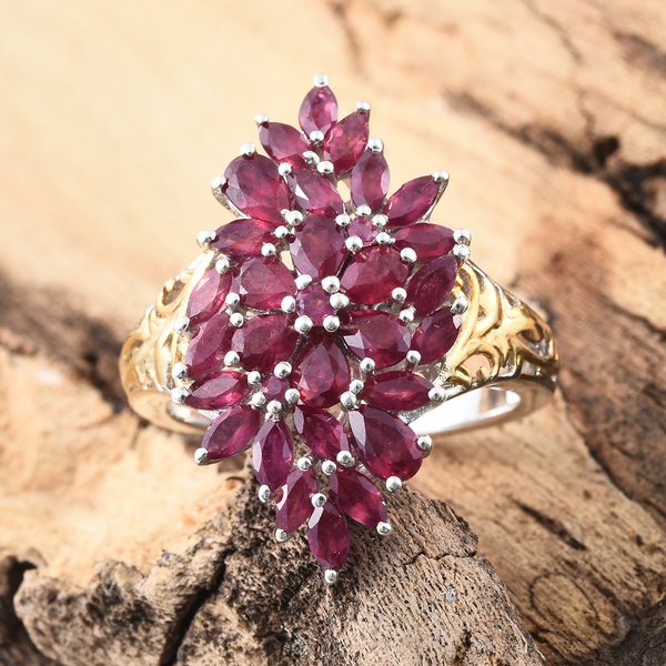 African Ruby (Pear) Cluster Ring in Platinum and Yellow Gold Overlay Sterling Silver 3.750 Ct.