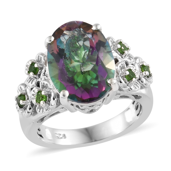7.25 Ct Mystic Green Topaz and  Diopside Floral Ring in Platinum Plated Silver 6.06 Grams