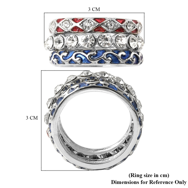 Set of 3 - White Austrian Crystal Enamelled Ring in Silver Tone, Size N