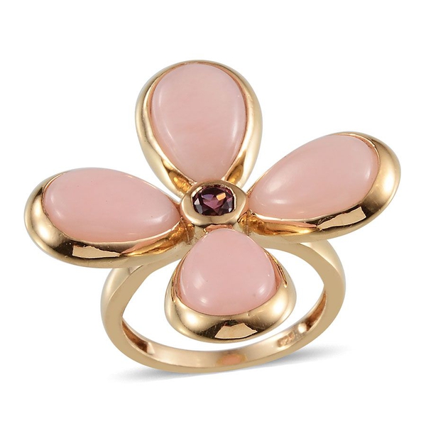 Peruvian Pink Opal (Pear) , Rhodolite Garnet Floral Ring in Yellow Gold Overlay Sterling Silver 9.50