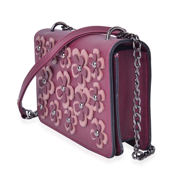 S-S 2018 Burgundy and Pink Colour 3D Floral Pattern Crossbody Bag with Removable Shoulder Strap (Size 20.5X13X4 Cm)