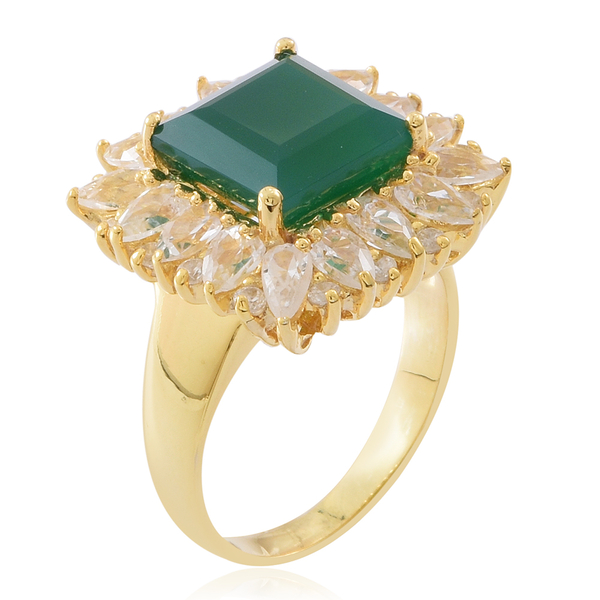 Verde Onyx (Sqr 6.00 Ct), Natural White Cambodian Zircon Ring in 14K Gold Overlay Sterling Silver 10.250 Ct.