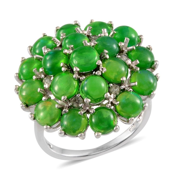 Green Ethiopian Opal (Rnd), Green Sapphire Cluster Ring in Platinum Overlay Sterling Silver 7.000 Ct
