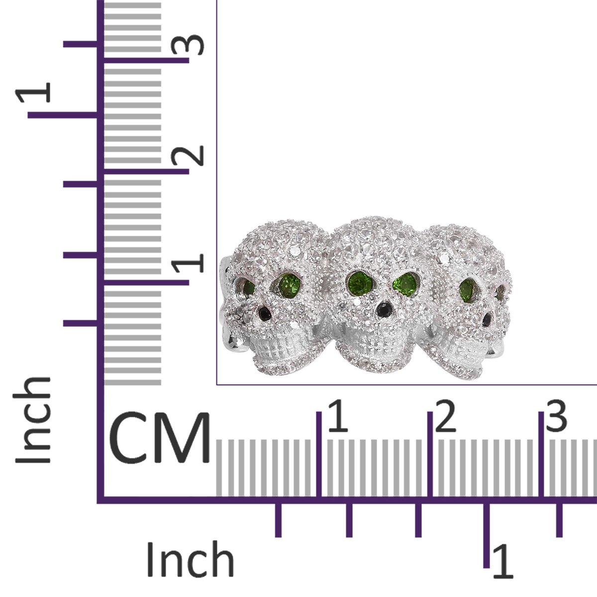Chrome Diopside (Rnd), Boi Ploi Black Spinel and Natural White Cambodian Zircon Three Skull Ring in Rhodium Overlay Sterling Silver 2.820 Ct, Silver wt 6.38 Gms.
