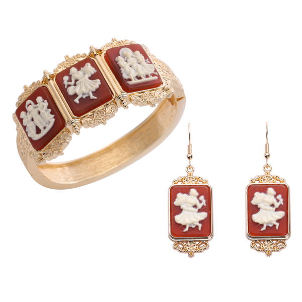 2 Piece Set - Cameo Bangle and Hook Earrings in Gold Tone