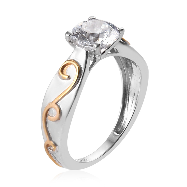 Lustro Stella Platinum and Yellow Gold Overlay Sterling Silver Ring Made with Finest CZ 2.20 Ct.